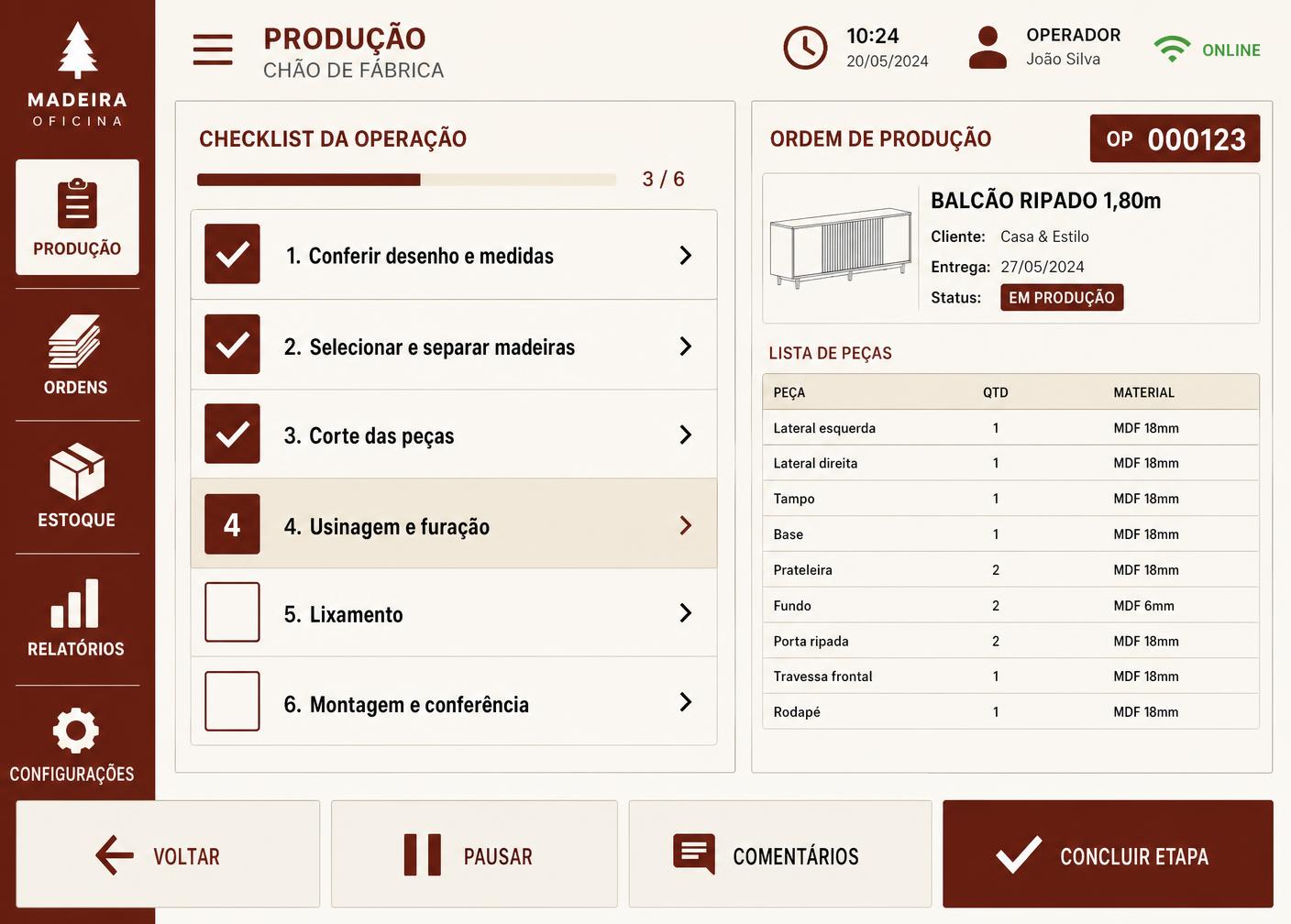 Modo chão de fábrica do Tectio em tablet, com checklist de etapas e lista de peças