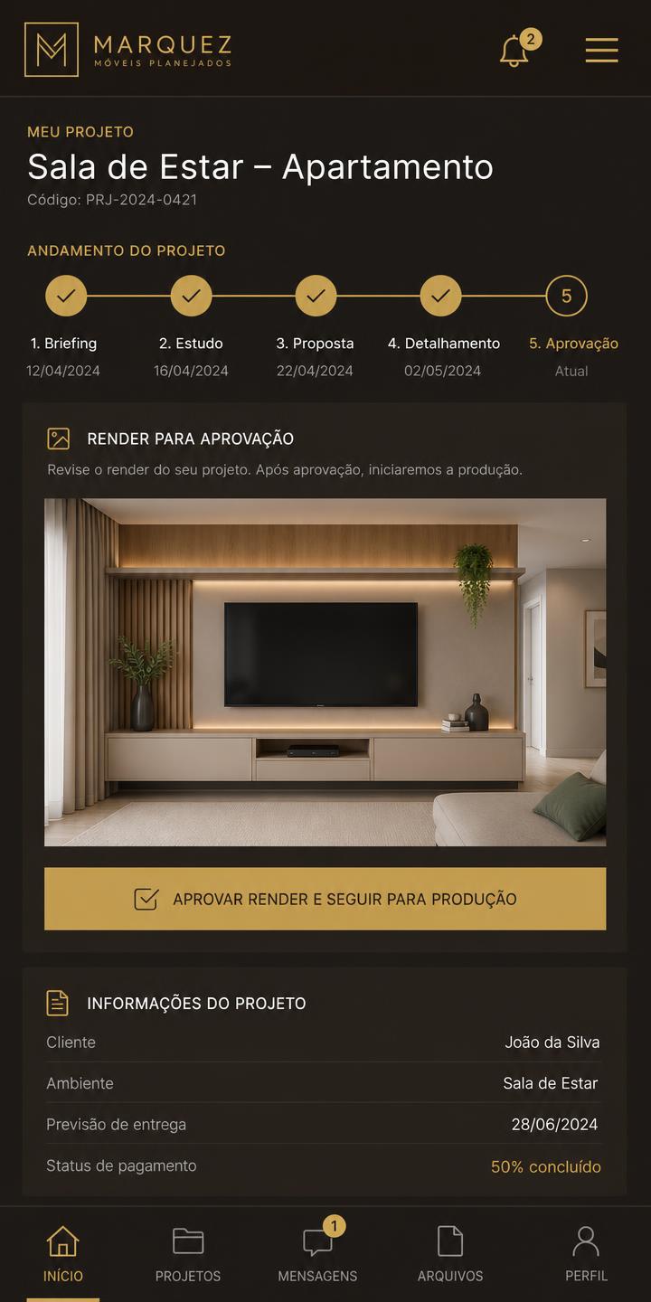 Portal do cliente do Tectio no celular, com linha do tempo do projeto e render para aprovação